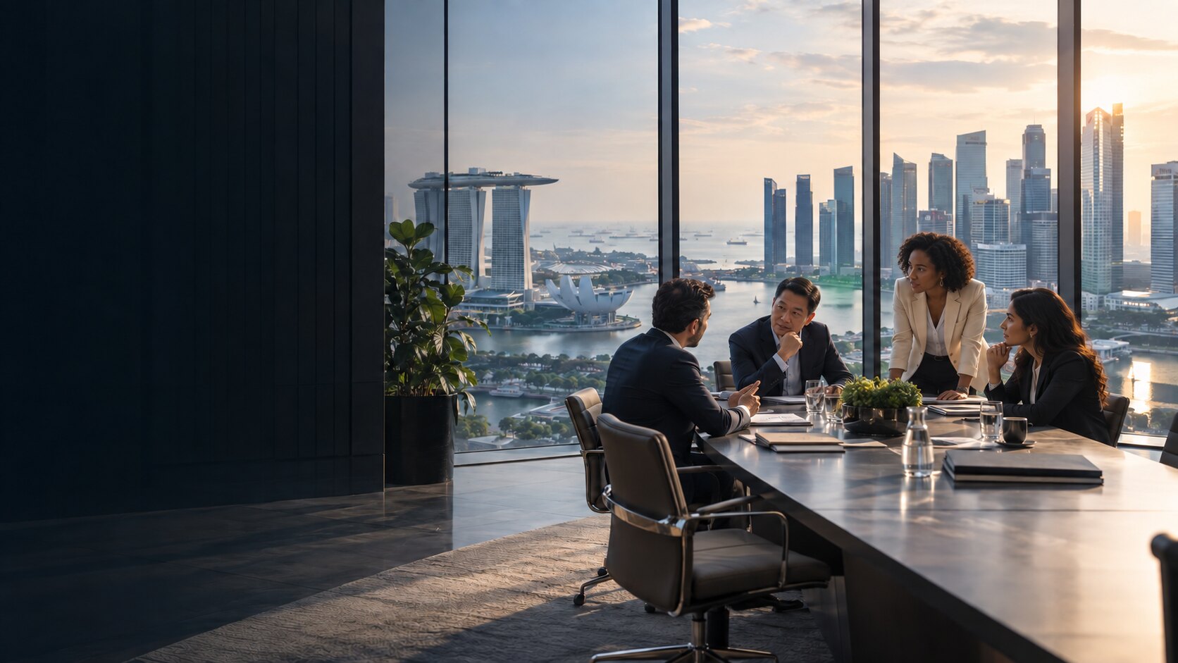 An international leadership team meeting in a Singapore boardroom