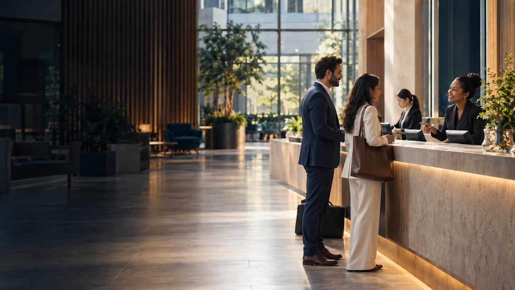 An international workplace hospitality team welcoming visitors