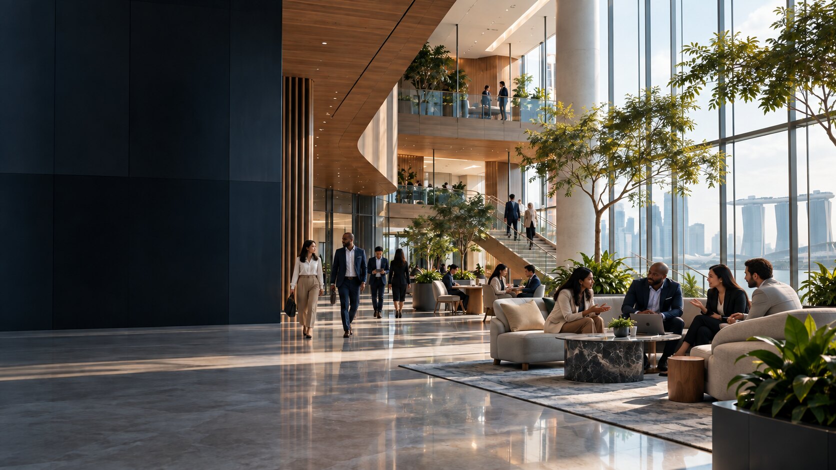An international team collaborating in a contemporary Singapore workplace